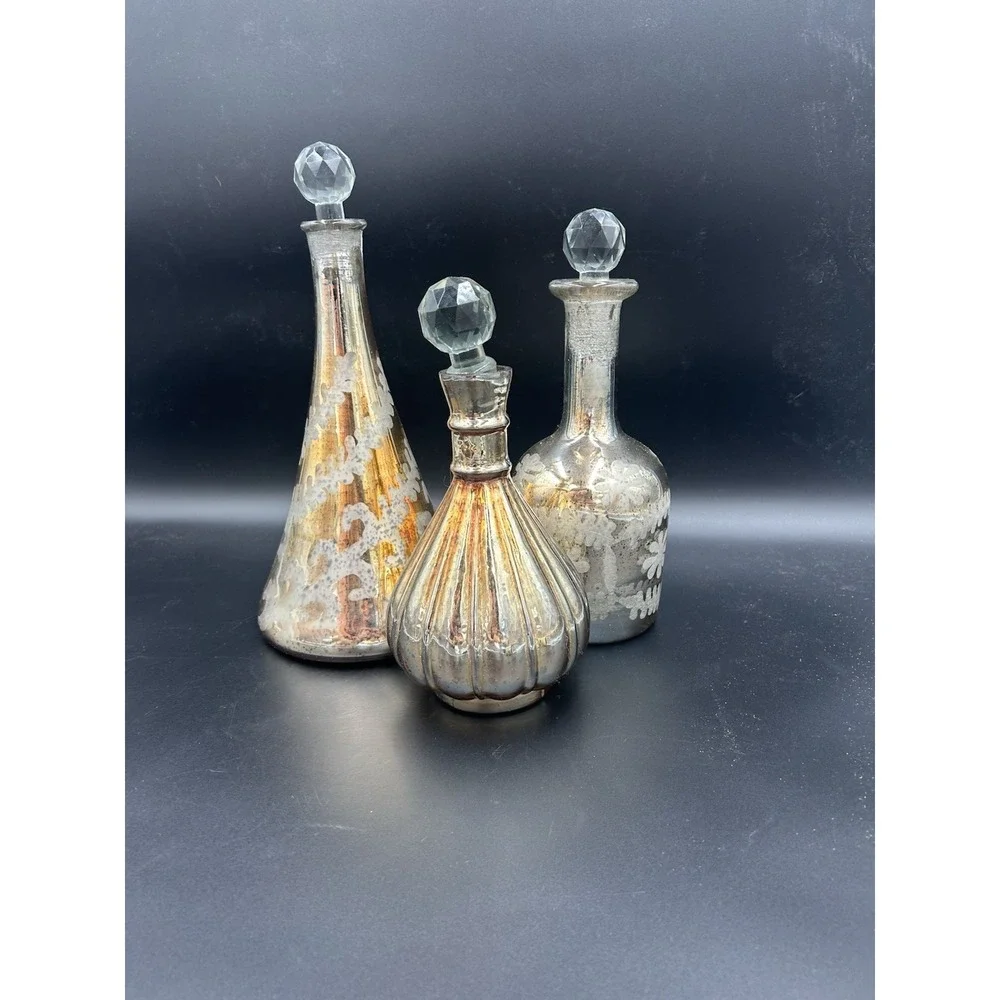 Gold Mercury Glass Decanters w/ Crystal Stoppers Vintage Style Set Of 3